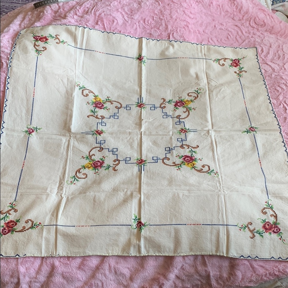 Vintage Floral hand Embroidered needlepoint square tablecloth